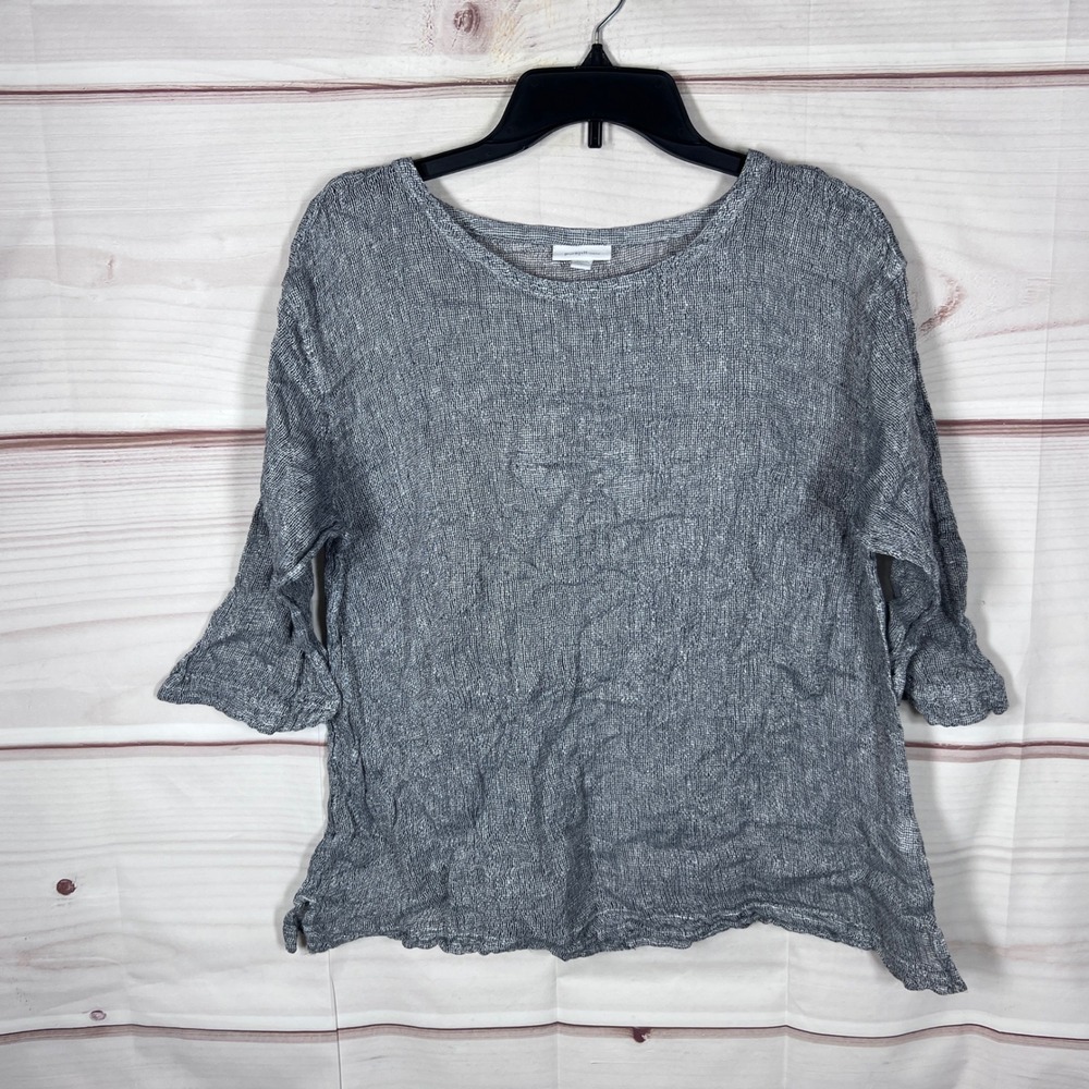 Pure Jill Top Womens PL J Jill Grey Linen 3/4 Sleeve Scoop Neck Casual Blouse